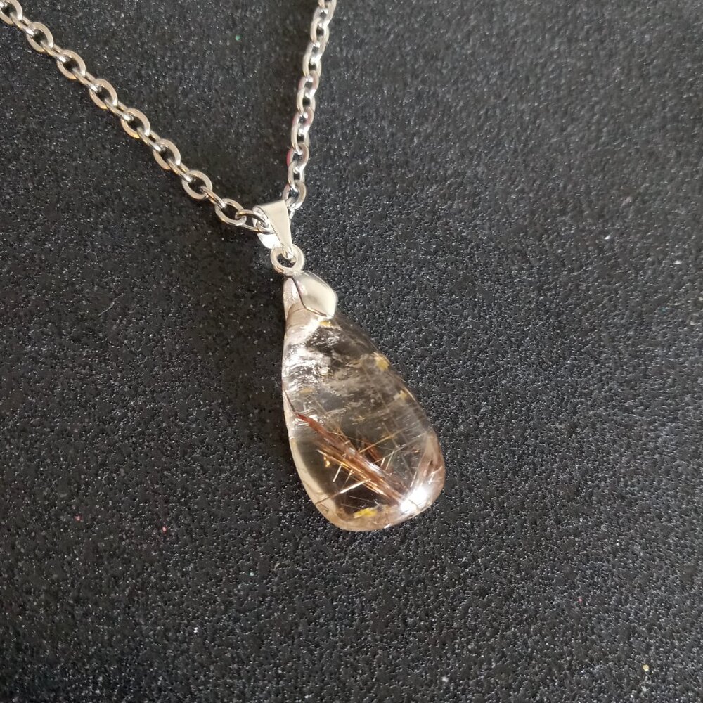 Golden rutilated quartz teardrop pendant on 20" inch silver necklace new